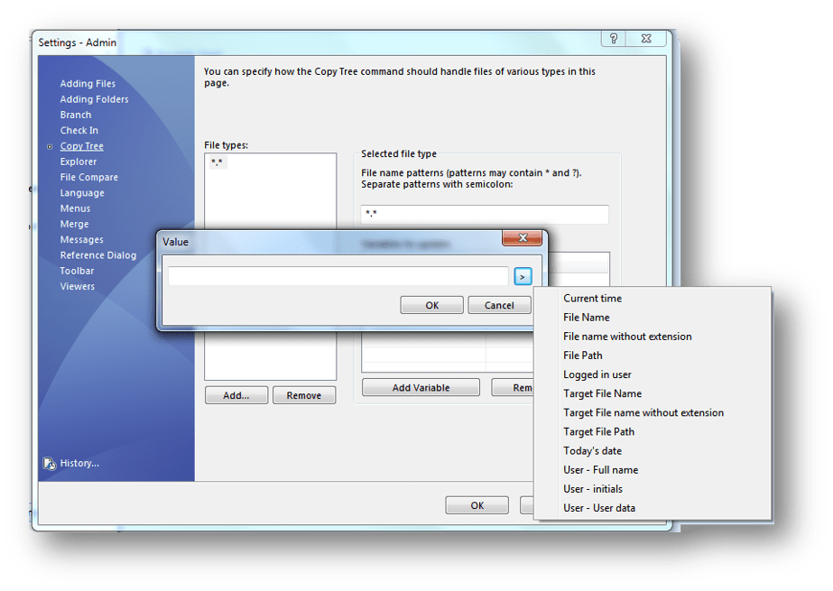 Example of Copy Tree Dynamic Variables options.