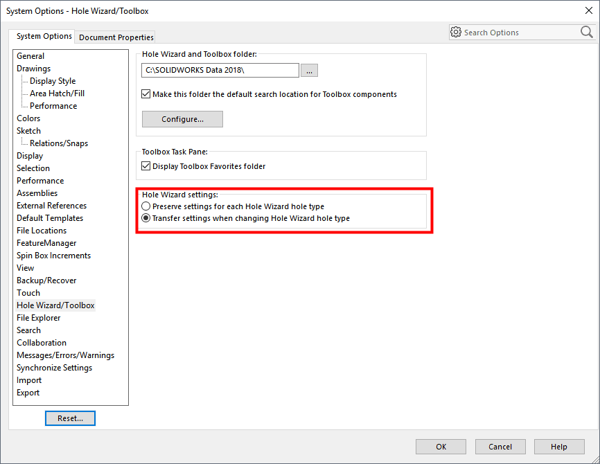 , SOLIDWORKS 2018 What’s New – New Hole Wizard Options to Match Size or Preserve Options – #SW2018