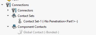 SOLIDWORKS Simulation part tree showing no penetration contact sets