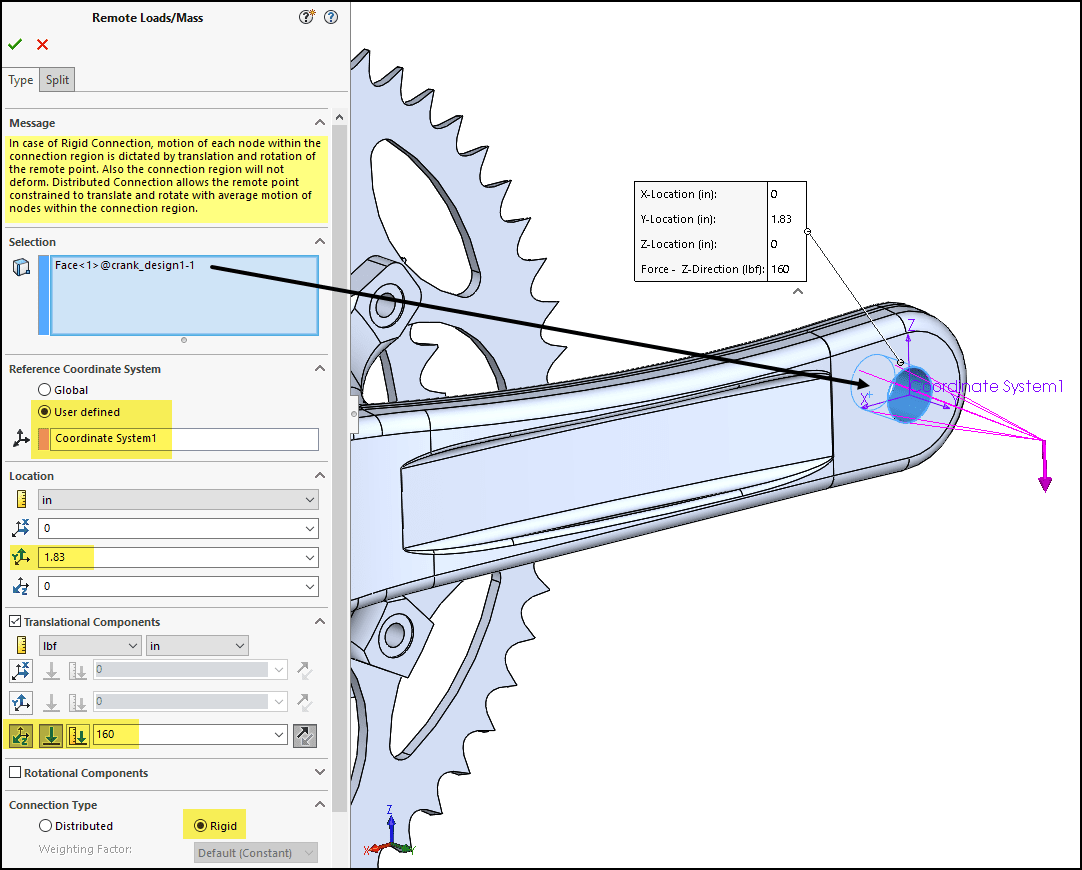 , Bike Component Design with Remote Loads in SOLIDWORKS Simulation