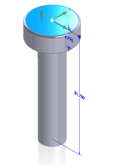 circular sketch, 31.75mm above the top plane, extruded distance 4.775mm