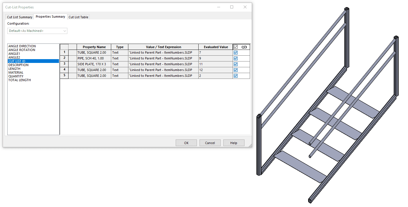 Cut-List Properties Summary, derived part