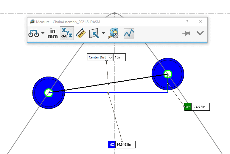 Linear distance, center-to-center