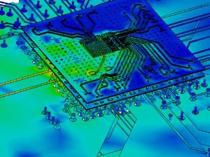 Simulated surface current distribution across PCB & package with CST Studio Suite