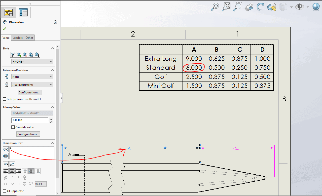 Editing the Dimension Text field to match the design table