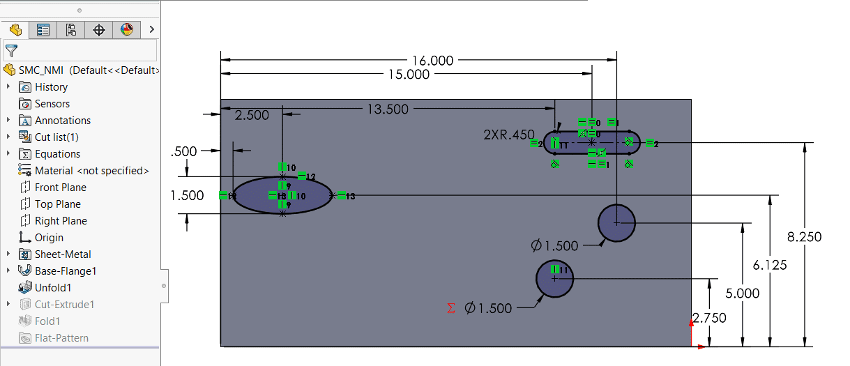 Fully defined sketch with several closed sketches placed on flat pattern plane