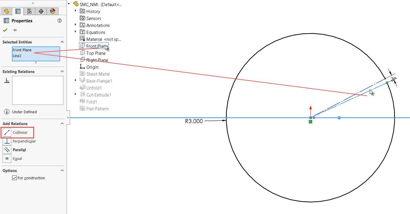 Shows entity propertymanager, where a collinear relation is applied to a plane and construction line.