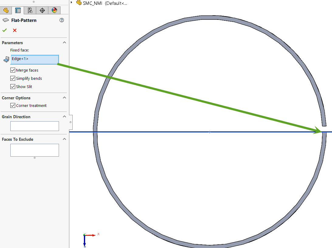 PropertyManager, when editing "Flat-Pattern1" feature. For fixed face, edge that is co-aligned with standard plane is selected.