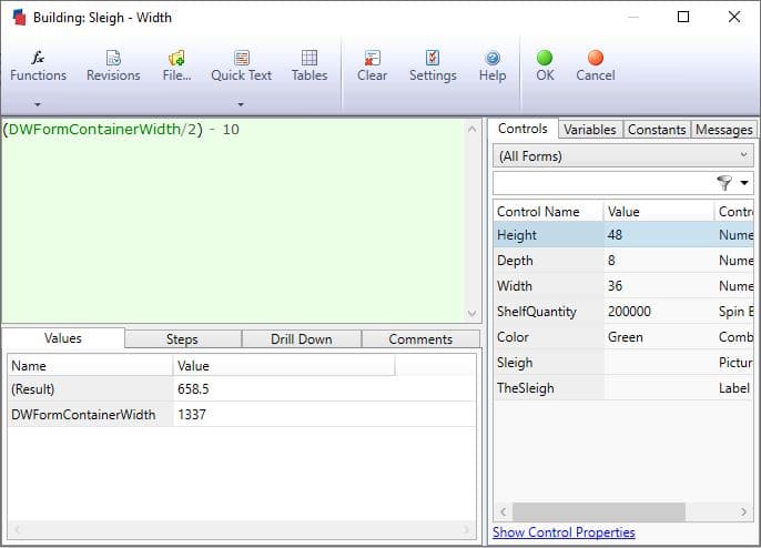 Form container width divided by 2, then subtract 10