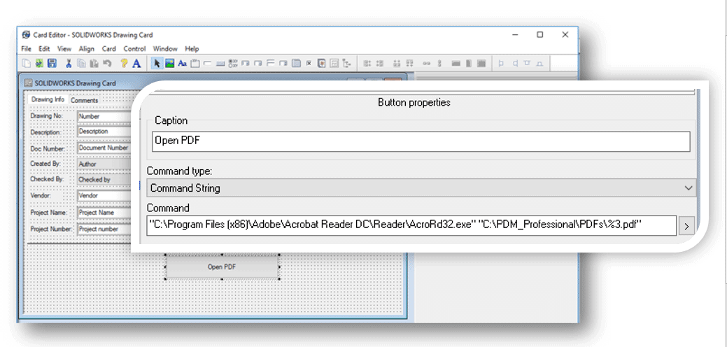 button properties to open a file from a PDM data card