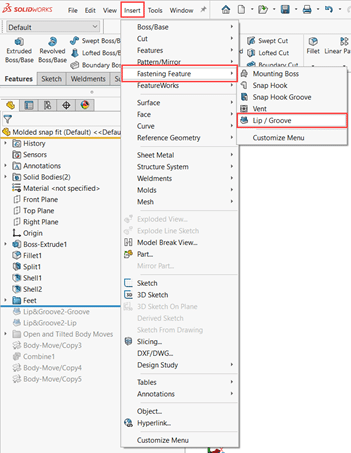 location of the lip and groove feature. click on menu bar insert, then fastening feature, then lip / groove