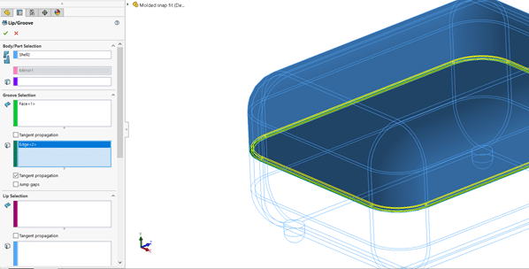 picture of lip and groove feature set up with groove selection highlighted