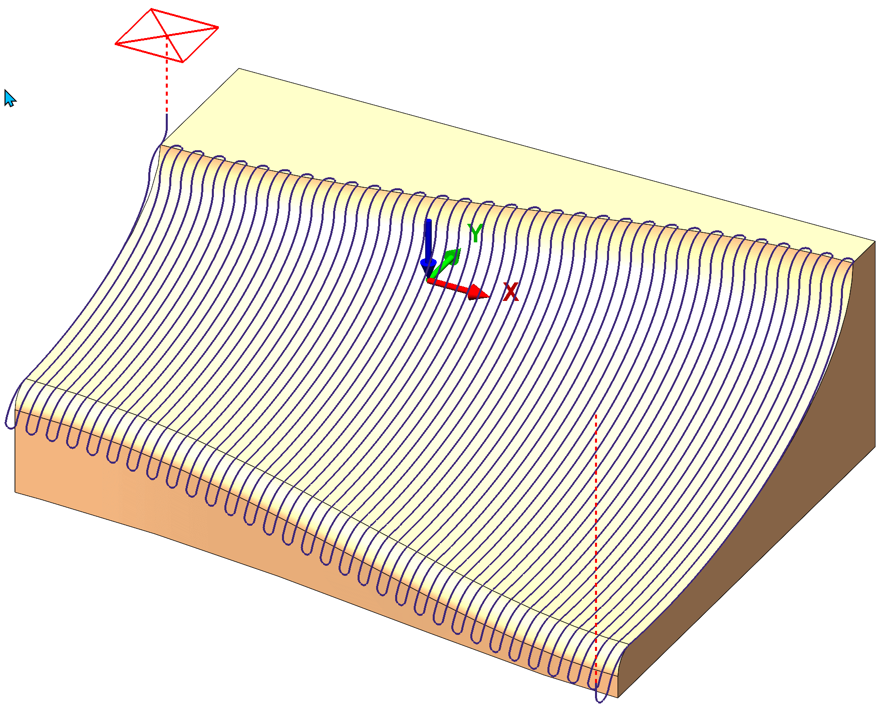 The flowline pattern project path set to cut across cuts across the user defined path, as shown here.