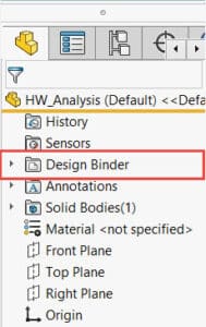 The SOLIDWORKS Design binder shows up in the feature tree of your SOLIDWORKS files.