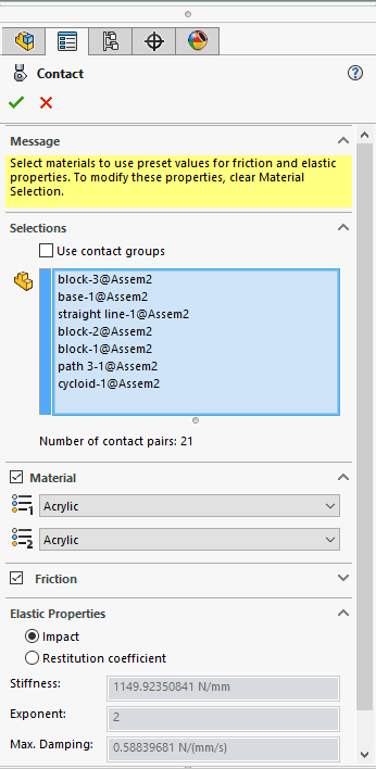 All components in a SOLIDWORKS Motion analysis need contacts. This ensures they're treated as they would be in a real test.