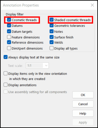 Turning on both cosmetic threads and shaded cosmetic threads ensures that both will show for your models.