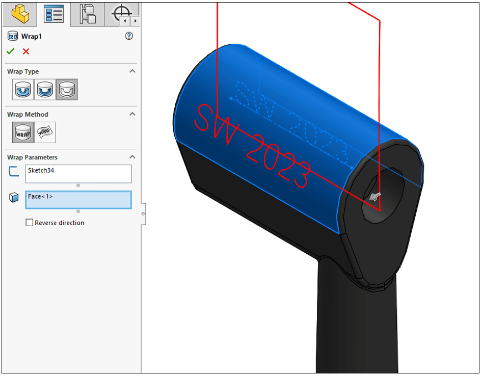 SOLIDWORKS 2023 part design now supports the wrap feature using single-line font