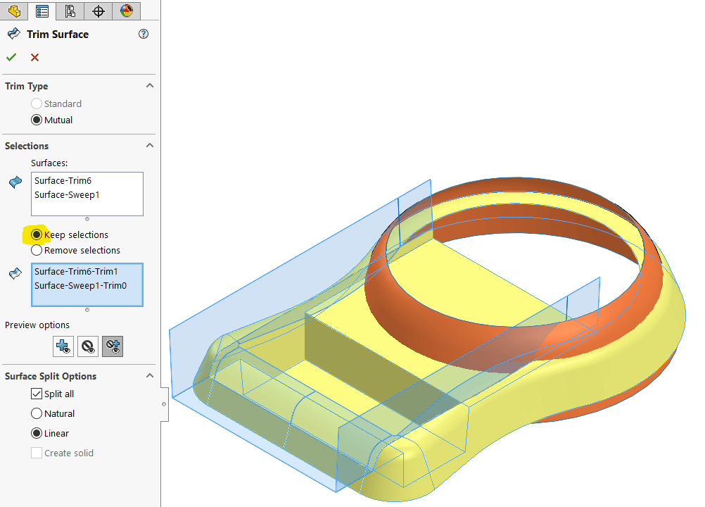 I will use the Mutual trim type and select two surfaces as the trimming surface. But this time I will keep portions of the surface.