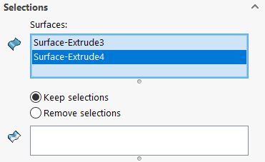 Here, select the surfaces you want to use for trimming. Below will be the options for keeping or removing.