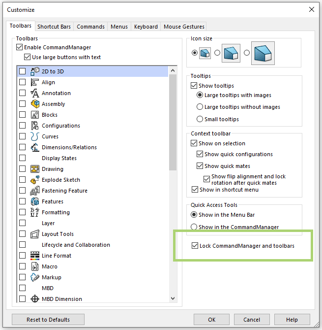 The option Lock CommandManager and toolbars option will prevent repositioning the CommandManager and toolbars.