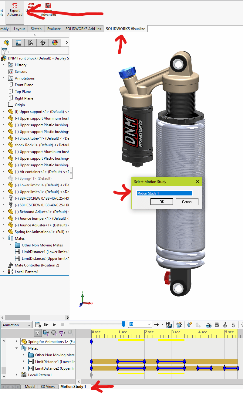 Export a basic motion study to Visualize Professional to start animating flexible components.