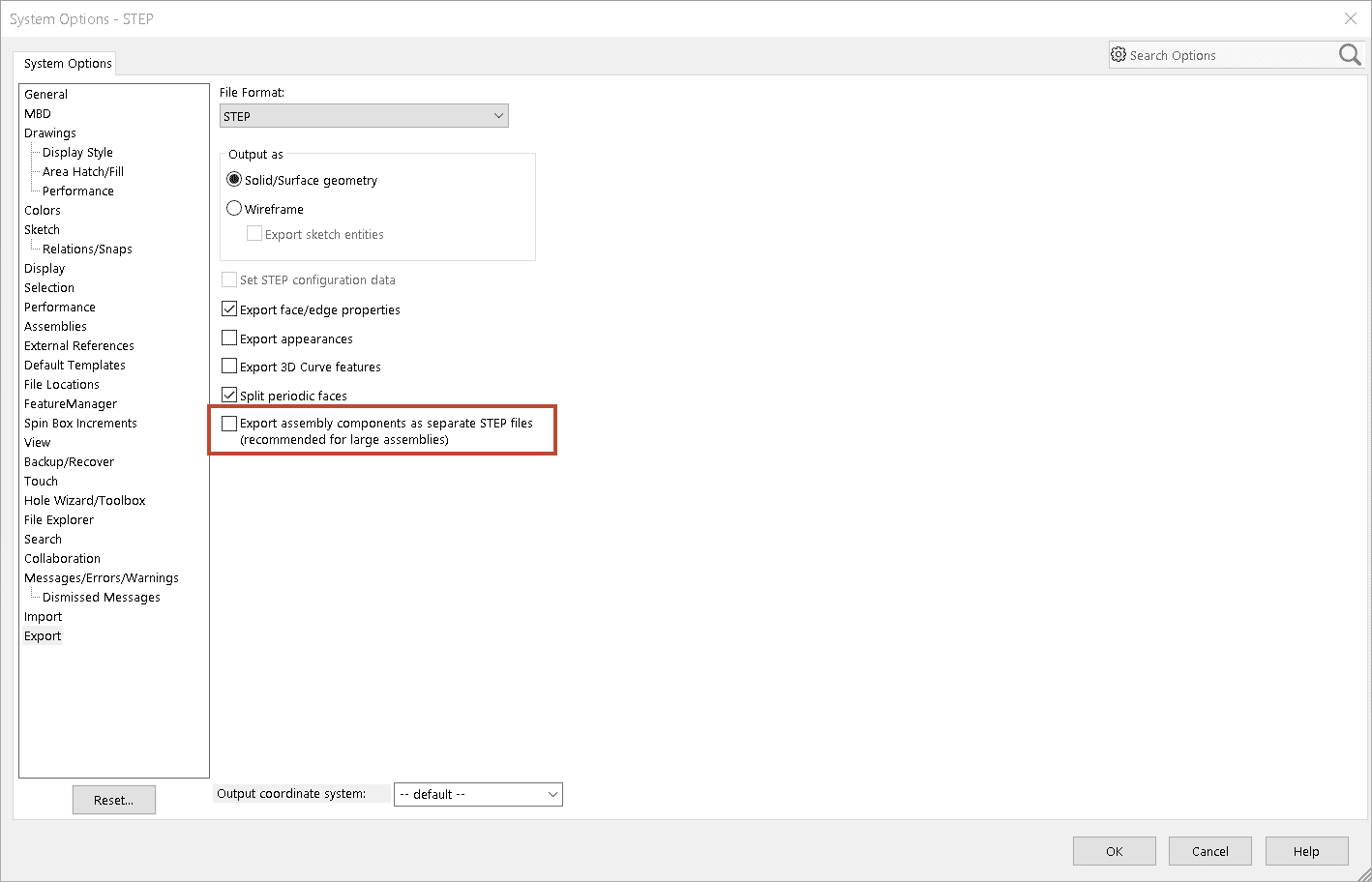 You can optionally export assemblies as separate STEP files. This option is recommended for large assemblies and makes sharing easier.