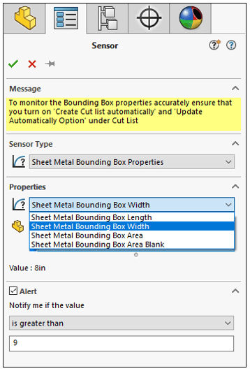 SOLIDWORKS Sheet metal 2023 offers 4 new sensor options for your bounding box.