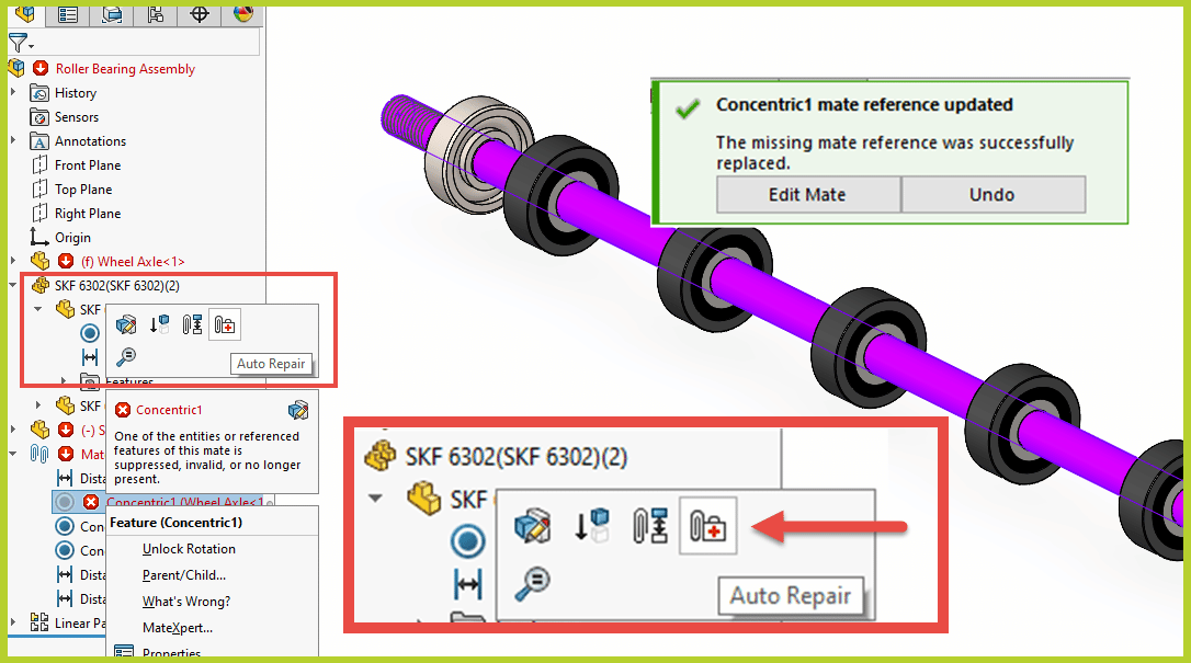 Automatic mate repair in SOLIDWORKS 2023 offers you a quick way to keep your assemblies clean. You can find it with each individual mate or the mating flyout menu.