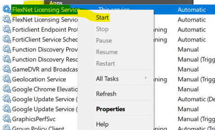 Right-click on the FlexNet Licensing Services and start them. This should resolve the SOLIDWORKS Failed to obtain a computer Identifier error.