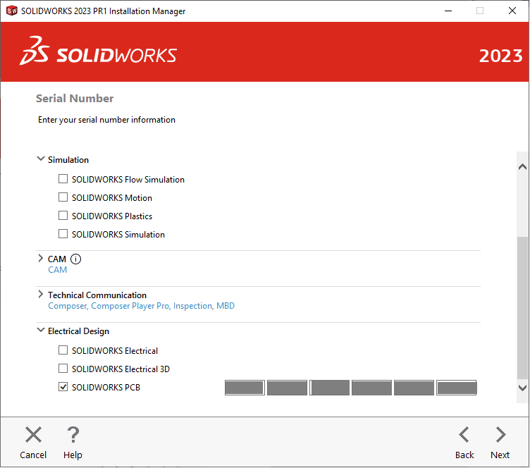 Here, enter your SOLIDWORKS PCB serial number. This will let you either add or install the PCB application.