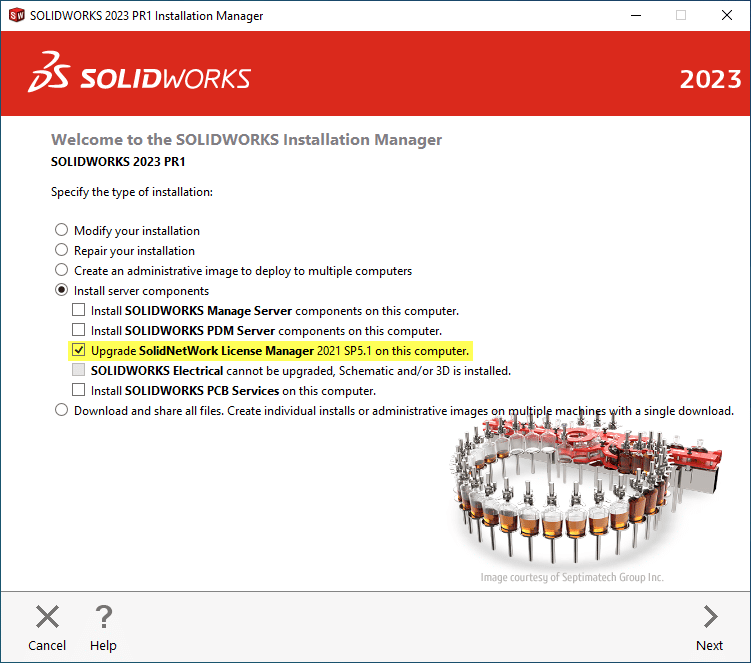 If upgrading the SolidNetWork license manager, you'll see an upgrade option on the first installation manager screen.